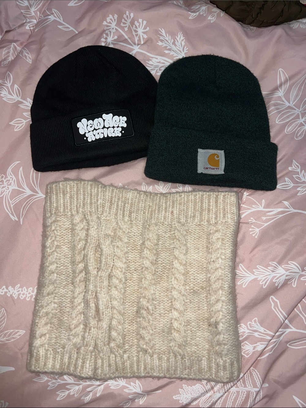 Carhartt Dark Green Cuffed Beanie + Black Logo Beanie + Cream Cable Neck Warmer